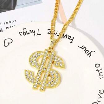 1pc Exaggerated Hip Hop Dollar Sign Necklace, Rhinestone Embellished Oversized Pendant, Metal Jewelry Accessory Suitable For Women, Daily Wear, Party Outfit, Gift