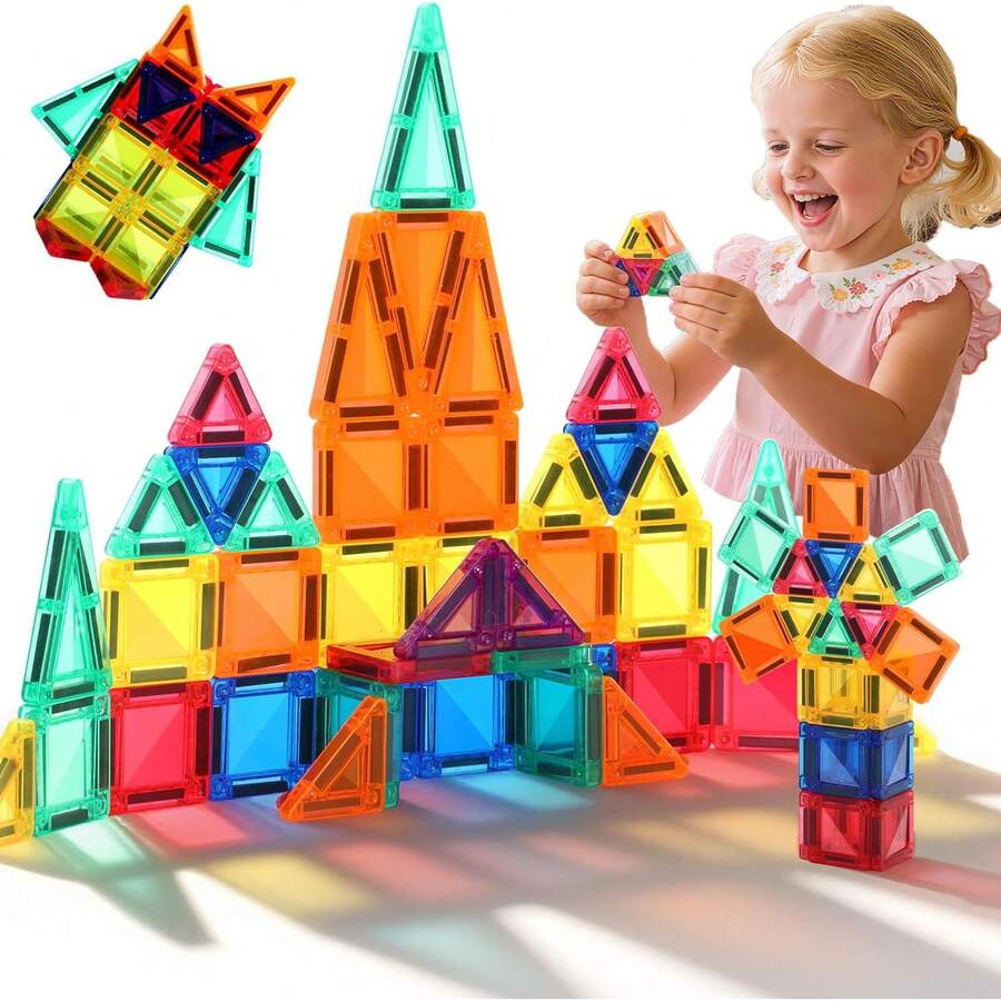 Mini Size Magnetic Building Blocks - STEM Toys Construction Set With DIY Magnetic Tiles, Learning Educational Magnet Toys, Random Colors For Birthday Gift - Multicolor - View 1