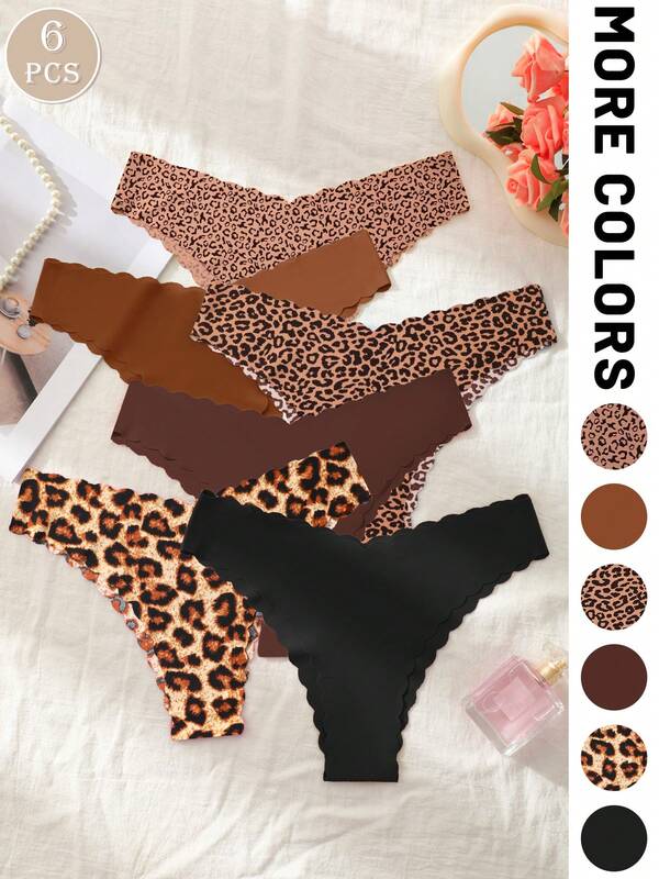 6条装女士豹纹和纯色拼接无缝舒适性感三角内裤