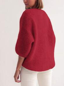 Women's V-Neck Solid Color Fine Velvet Knitted Sweater, Autumn/Winter - Red - View 2