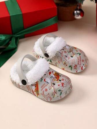 1双儿童舒适、时尚、轻便、透气、可爱的圣诞老人拉雪橇印花毛绒内衬透气套脚鞋