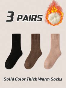 3 Paar Damen Dicke einfarbige thermisch gefütterte Wollmischsocken, Schwarz/Weiß/Khaki, warm, weich, bequem, kältebeständig, Lässig, geeignet für Zuhause, Herbst/Winter
