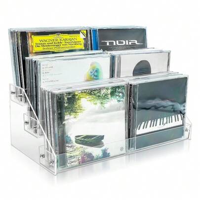 3Tier Clear Acrylic CD Holder Cascading CD Storage Rack,DVD/CD Display Rack & Vinyl Record Storage Stand Holds Up To 24 Standard CD Cases For Media Shelf Storage And Organization (Clear, Medium Size){Inchsize_nameinch:InchMediumsizeinch,Inchcolor_nameinch:Inchclearinch}