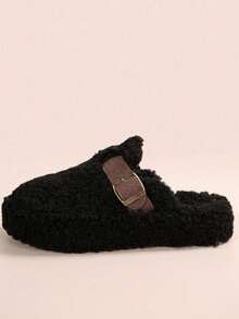 女士毛绒绒的套脚拖鞋，带毛绒内衬，宽松无后跟穆勒鞋，适合秋冬季节和圣诞节穿着。 - 黑色 - 查看 5