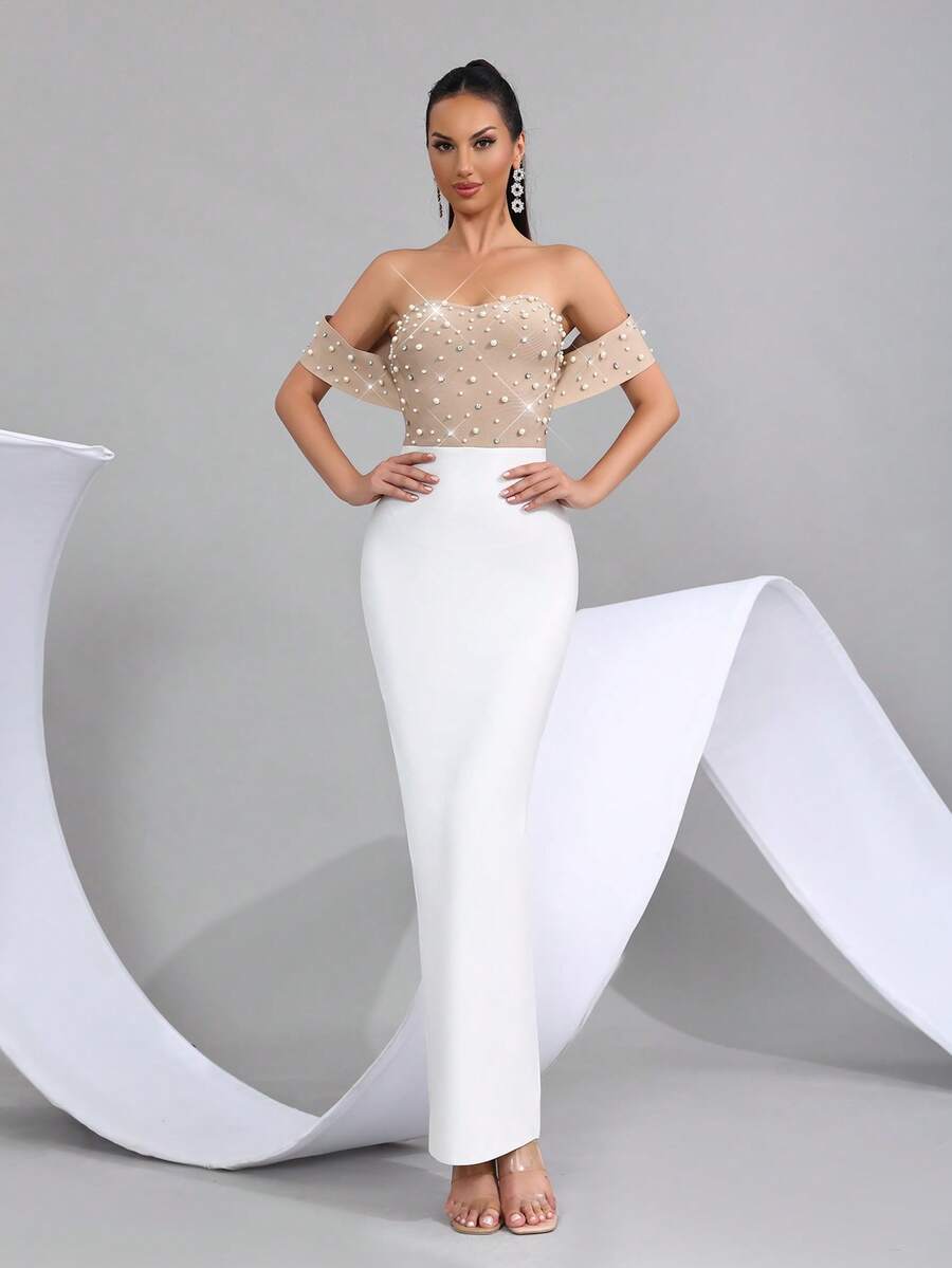 时尚露肩闪亮水钻珠饰拼接修身长裙优雅女士正式晚宴婚礼宾客礼服 - 杏色 - 查看 1