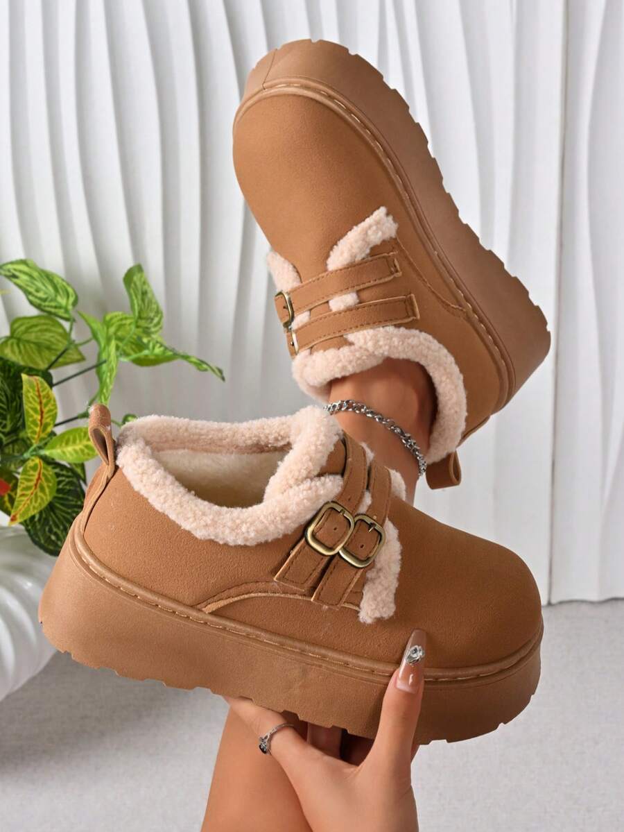 秋冬季女士厚底雪地靴，保暖内衬，带毛皮 - 棕色 - 查看 1