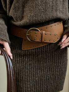 Pasek damski w stylu retro ze skóry z nitami i asymetrycznym łańcuchem w talii, szeroki pasek w stylu zachodnim, pasujący do spódnicy, spodni dżinsowych i ozdobnej taśmy w talii