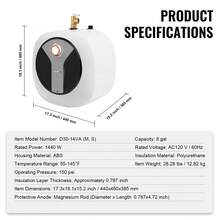 Calentador de agua eléctrico con mini tanque, tanque de 8 galones, almacenamiento de caldera de agua caliente de 1440 W, válvula de presión de temperatura, fácil instalación, para cocina, baño, restaurante, estante montado en la pared - 8 galones - Ver 7