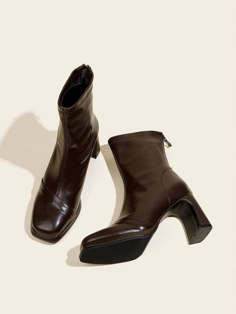 Botas Ankle Femininas Marrons, Salto Quadrado de 8cm, Salto Bloco Confortável, Zíper Traseiro, Botas Plataforma de Salto Grosso Slim - Castanho - Visão 1