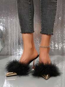女士黑色高跟套脚鞋，时尚金属鞋头拖鞋，毛绒穆勒鞋，尖头半穆勒鞋，人造毛皮拼接连衣裙高跟鞋，适合秋冬季节，细高跟 - 黑色 - 查看 7