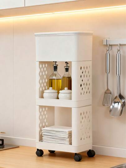 一款三层多功能厨房垃圾桶，带盖带轮 - 加厚塑料材质，经久耐用 - 可移动物品收纳架 - 适用于厨房、客厅、卧室和浴室物品收纳 - 节省空间设计