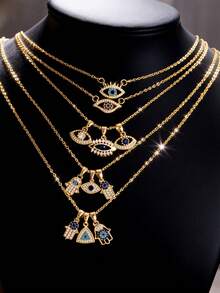 1/3 吊坠不锈钢项链，复古欧美风格简约优雅四叶草、邪眼、心形、绿松石吊坠项链，适合日常佩戴及圣诞节/情人节礼物 - 金色 - 查看 2