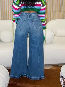 Women's Wide Leg Jeans With Pockets And Button Closure Zipper Style Non Elastic Loose Wide Leg Casual Y2K Street Fashion Versatile Women's Jeans - 深色水洗藍 - 查看 4