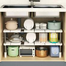 Expandable Kitchen Storage Shelf, Multipurpose Organization Cabinet, Multilayer Single Layer Cupboard Partition, Under Sink Shelf Rack, Stackable Stainless Steel Pipe Support, Suitable For Bathroom Storage, Wardrobe Clothes Arrangement, Kitchen Utensils,Back To School Season - Multicolor - View 7