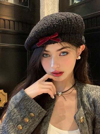 1顶女士纯色蝴蝶结贝雷帽，休闲时尚，轻便舒适，画家帽，大号头围，适合秋季日常外出和购物