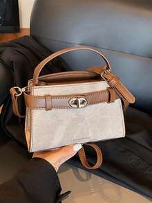 Fashionable Retro Patchwork PU Leather Handbag, Minimalist Adjustable Shoulder Strap Decor, Sophisticated Hardware Lock, Crossbody Bag, Magnetic Closure, Multifunctional Lightweight Women Tote - Khaki - View 6