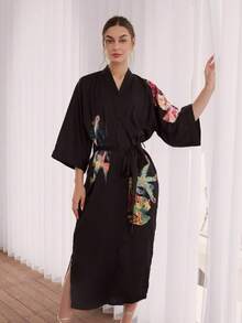 复古日式宽松中长印花和服罩衫，性感睡袍，休闲家居服，适合夏季，大码，沙滩，泳衣罩衫，轻薄防晒