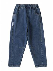 男大童字母刺繡直筒牛仔褲