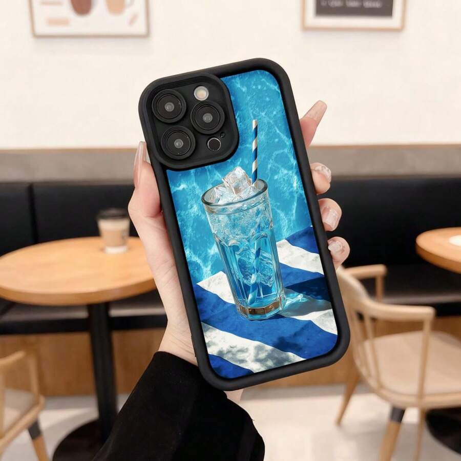 Cubierta de telefono con borde negro azul con estampado de vaso de agua con hielo y pajita para uso diario en cafeterias y espacios exteriores Aplicable a los teléfonos de la serie Apple y Galaxy - Burdeos - Ver 1