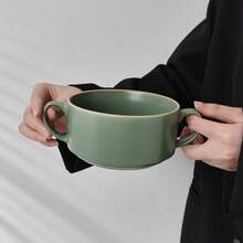 1 pieza Taza de café de cerámica de 550ml con doble asa, taza de postre con acabado de esmalte envejecido y creativo, cuenco multiusos para ensalada, adecuado para cafetería, oficina, restaurante, regalo de fiesta, cumpleaños