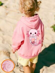 年轻女孩、学生、秋冬季童装，长袖加厚绒面上衣，“粉色六边形恐龙喝波霸奶茶”印花连帽卫衣，柔软舒适 - 粉色 - 查看 8