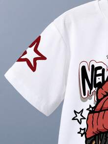 Set de 2 piezas de camiseta de manga corta de cuello redondo y pantalones cortos casuales con estampado de personaje de dibujos animados y eslogan para niños - Blanco - Ver 5