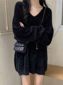 舒适蓬松柔软休闲外套，新款秋冬V领针织衫，仿貂毛质感 - 黑色 - 查看 1