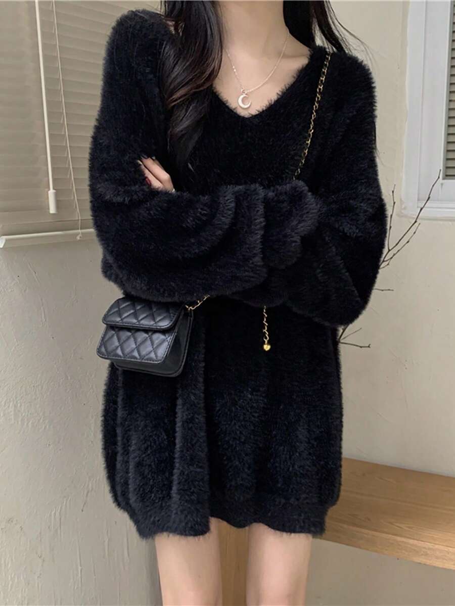 舒适蓬松柔软休闲外套，新款秋冬V领针织衫，仿貂毛质感 - 黑色 - 查看 1