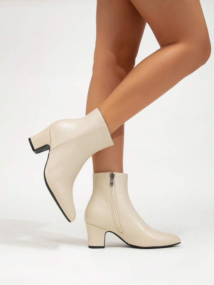 女式粗跟靴，欧美时尚，百搭拉链开合，优雅尖头，性感派对舞会必备，秋季靴子 - 杏色 - 查看 4