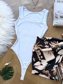 ELLIE Set With Bodysuit (Supplex Bodysuit + Lined Skirt With Shorts) - Bird With White Top and Black Bottom - View 2