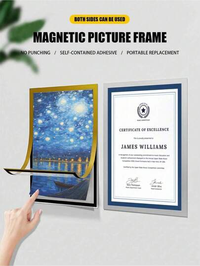 1pc Magnetic Photo Frame, No Drilling Magnetic Strip, Wall Decor Frame Suitable For Art, Certificates, Information Board Display In Living Room, Bedroom, Office
