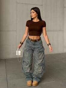 Women's Off-Shoulder Cropped Top With Short Sleeves, Plain, Casual, Basic, Double Fabric, Suplex Fabric. - Rỉ Nâu - Xem 2