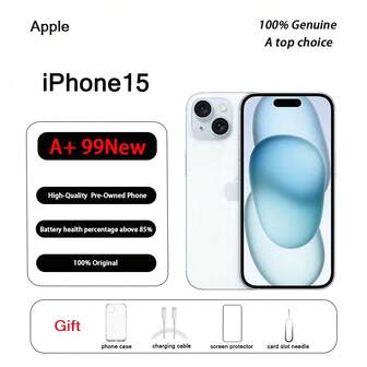 Apple A+, Apple iPhone 15 usado, produto original e autêntico, em estado de novo (99% novo); celular, telefone, capa protetora de membrana para presente