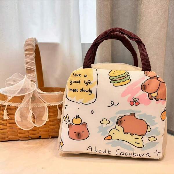 1pc Lunch Bag, 22x19x12cm, Canvas Material, Waterproof Double-Layer Insulation, Capybara, Cat, And Little Dinosaur Designs. Portable Handbag, Essential For Office Workers And Students.
