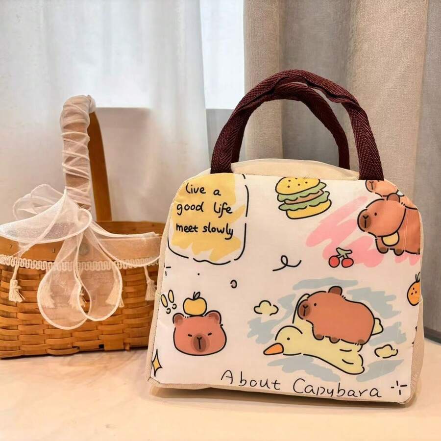 1pc Lunch Bag, 22x19x12cm, Canvas Material, Waterproof Double-Layer Insulation, Capybara, Cat, And Little Dinosaur Designs. Portable Handbag, Essential For Office Workers And Students.