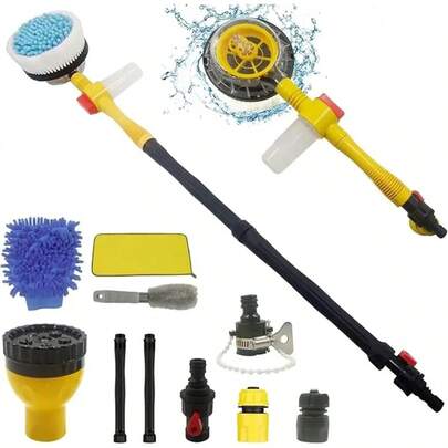 Cepillo giratorio para lavado de autos con mango largo, kit de limpieza de coche con ducha multifunción para limpieza de vehículos, patios, jardines 8NHJ