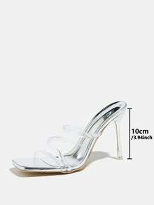 Scarpe con tacco alto da donna, adatte per primavera, autunno, feste serali, banchetti, sfilate, danza, mostre di moda, sandali con tacco alto sottile di colore argento, punta quadrata elegante, cinturino alla caviglia trasparente e lucido, materiale morbido e amichevole per la pelle, slip-on, grazioso, bello, scintillante, tacchi alti di lusso argento, scarpe eleganti da donna, abbinabili a vestiti