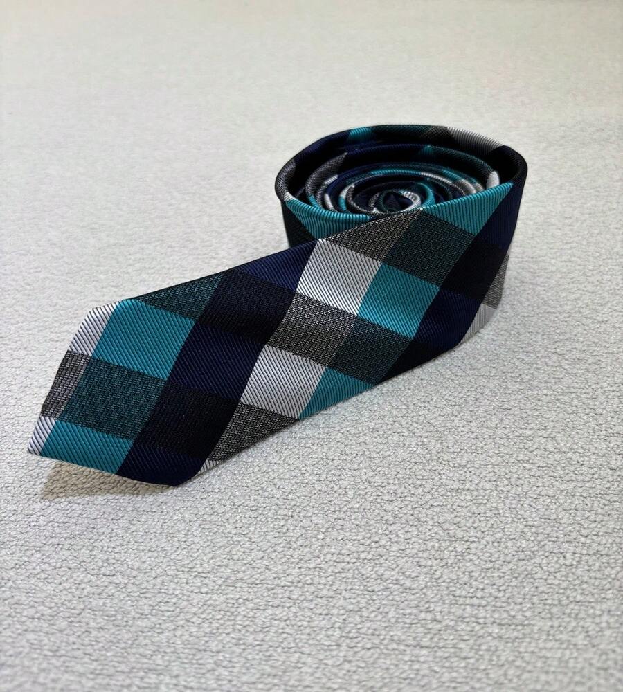 Ties For Grooms And Groomsmen At Weddings, Conferences And Other Events. Slim Checkered Pattern (5.5cm) - Navy Blue - View 1