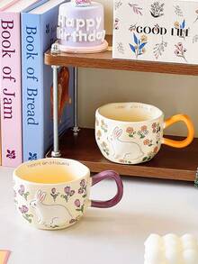 1 cană ceramică cu model floral colorat de iepure, cană ceramică adorabilă cu iepure 3D și detalii vibrante pe mâner, potrivită pentru cafea, cereale, decor de primăvară pentru casă și ocazii de Paște