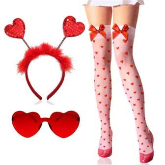 4-delat hjärtaband med hjärtan till alla hjärtans dag, huvud- och lårhöga strumpor, röda rosetter och hjärtprickar för flickor, alla hjärtans dag, bröllop, födelsedagsfest, present