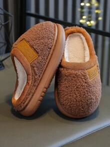 儿童秋冬拖鞋，简约设计，男童室内家居防滑保暖毛绒，女童厚毛绒拖鞋 - 棕色 - 查看 3