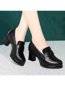 2025春秋新款中跟鞋，百搭高跟皮鞋，春季女士软皮妈妈鞋 - 黑色 - 查看 6