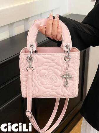 1 Pc Elegant Beautiful Quilted Flower Crossbody Bag, Decorated With Cross Pendant. Minimalist Color Contrast Shoulder Bags With Adjustable Strap. Square Bag.