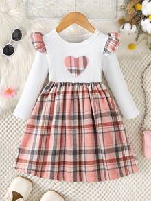Niedliches kariertes Mädchenkleid mit Herz-Stickerei für Frühling und Herbst