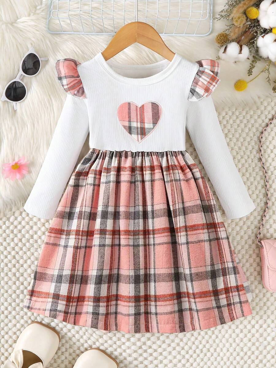 Niedliches kariertes Mädchenkleid mit Herz-Stickerei für Frühling und Herbst