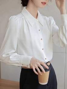 Women's Elegant White Shirt, Luxurious High-End Commuting Style, Suitable For All Seasons, Professional Outerwear, Solid Color Front Button Spring - White - View 2