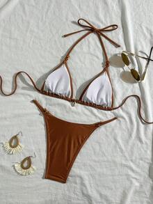 1 Set Women's Two Pieces Bikini Swimsuit, Halter Neck Tie, Beaded Shell Backless, Fashionable Casual Resort Swimwear - Orange - View 2