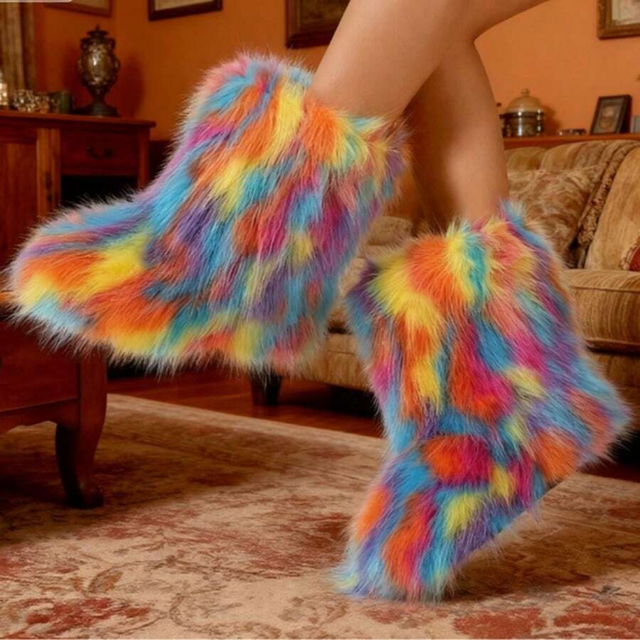 Women's Faux Fur Boots, Plush Round-Toe Suede Winter Comfortable Fluffy Warm Short Flat Shoes, Suitable For Indoor And Outdoor Wear, Mid-Calf Boots, Colorful Blue Fashion Women's Boots, Personalized Women's Shoes.Ankle Boots - 彩藍色 - 查看 1