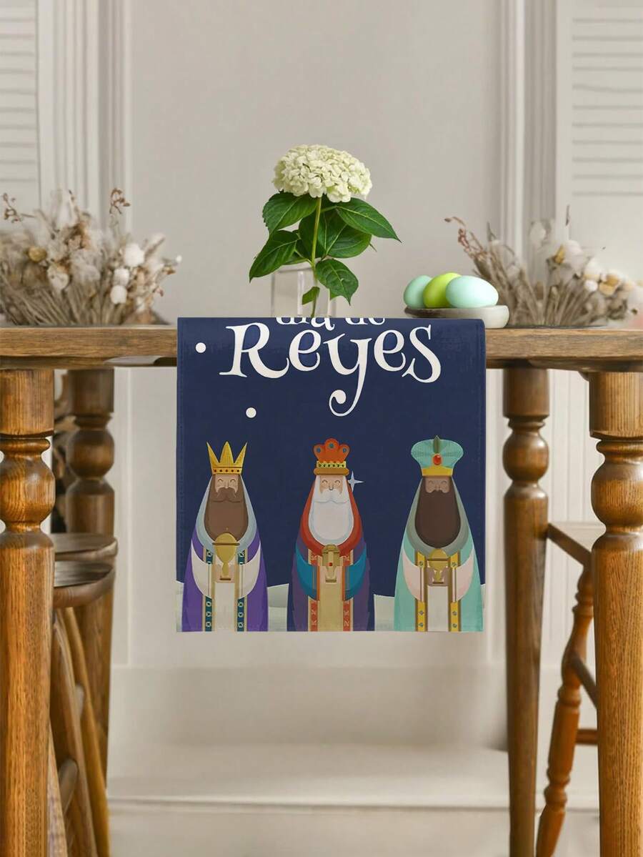 1pc Epiphany Table Runner, Three Kings Day Decorative Table Runner, Three Wise Men, Three Magi, Three Kings And Stars, Multiple Sizes Available, Table Runner, Table Decoration, Table Cloth, Home Decor, Dining Table Decor, Fireplace Mantel Scarf, Glass Door & Window Valance, Entryway Decor - Blue - View 1