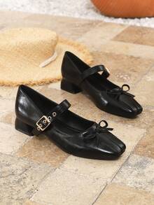 Fashionable Minimalist Style Chunky Heel Women's Pumps, Square Toe With Pleats, Faux Leather Material With Bow Accent - Black - View 6